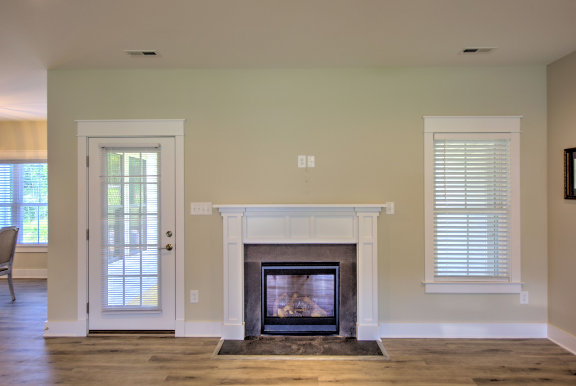 Gas Fireplace and Door to Screened Room in Family Room